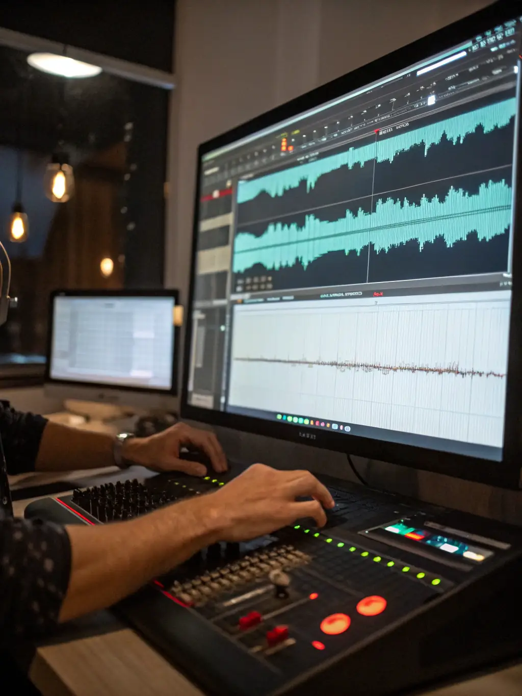A sound editor cleaning up audio on a computer using specialized software, showcasing Asunción Records' audio editing and cleaning services.