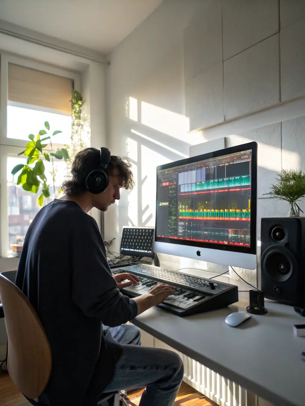 A music producer creating a beat on a computer with various software and hardware synthesizers, representing Asunción Records' beat production services.