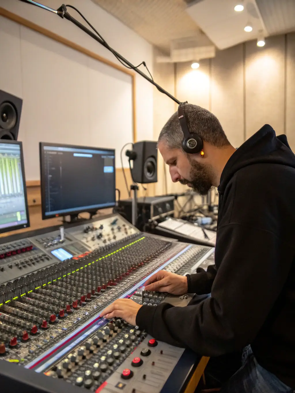 A professional audio engineer working on a mixing console in a modern recording studio, focusing on remote mixing and mastering services offered by Asunción Records.