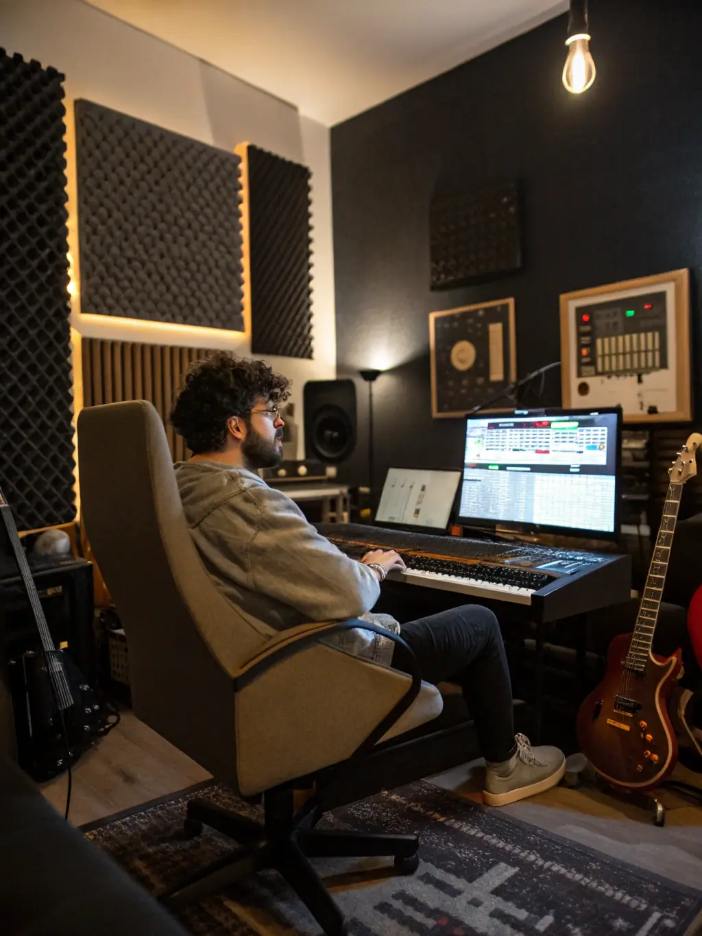 A musician describing their musical idea to a composer during a video call, illustrating Asunción Records' custom track creation process.