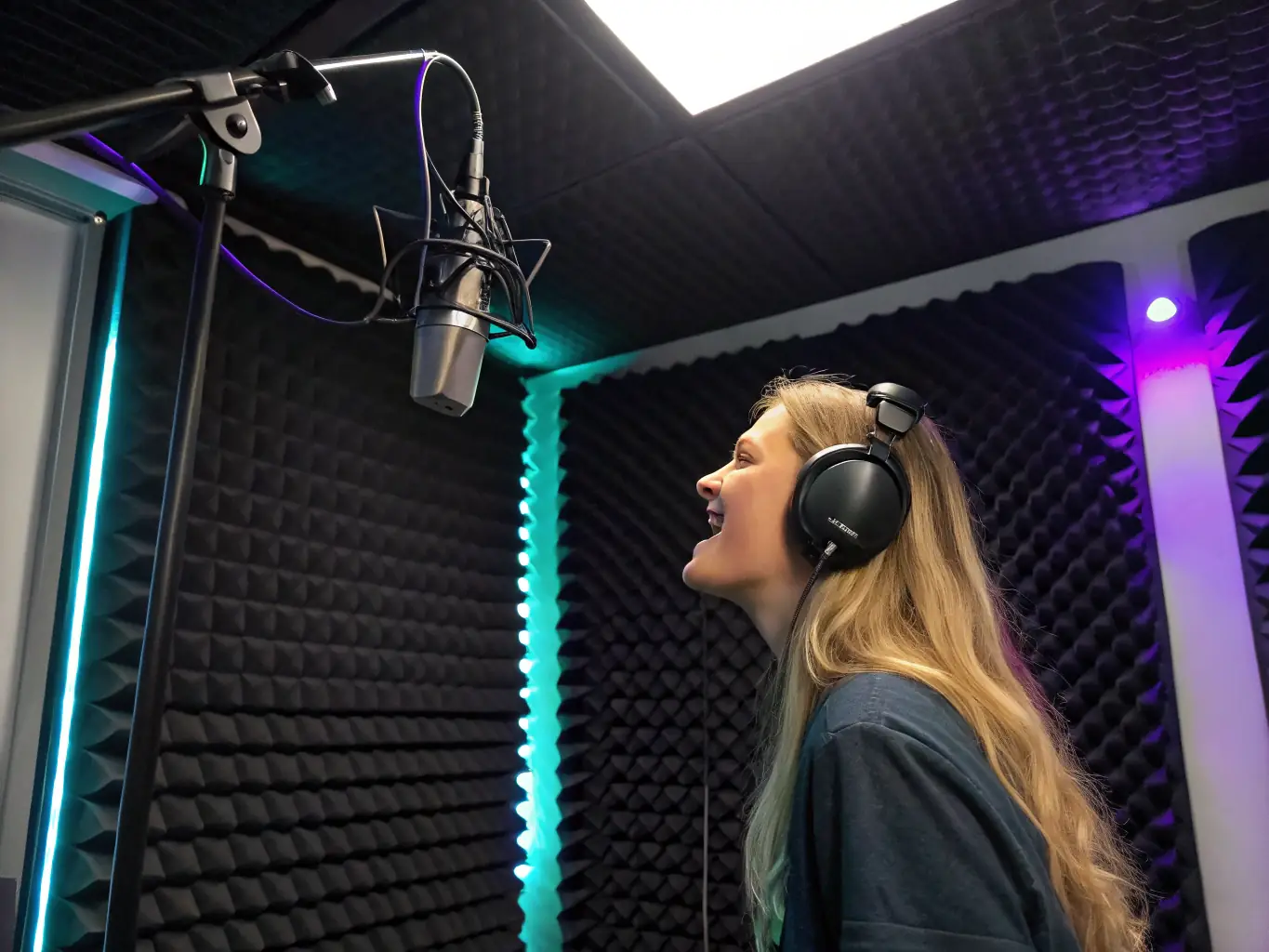 A microphone in a recording booth, capturing a vocalist's performance, highlighting the studio's focus on high-fidelity sound.