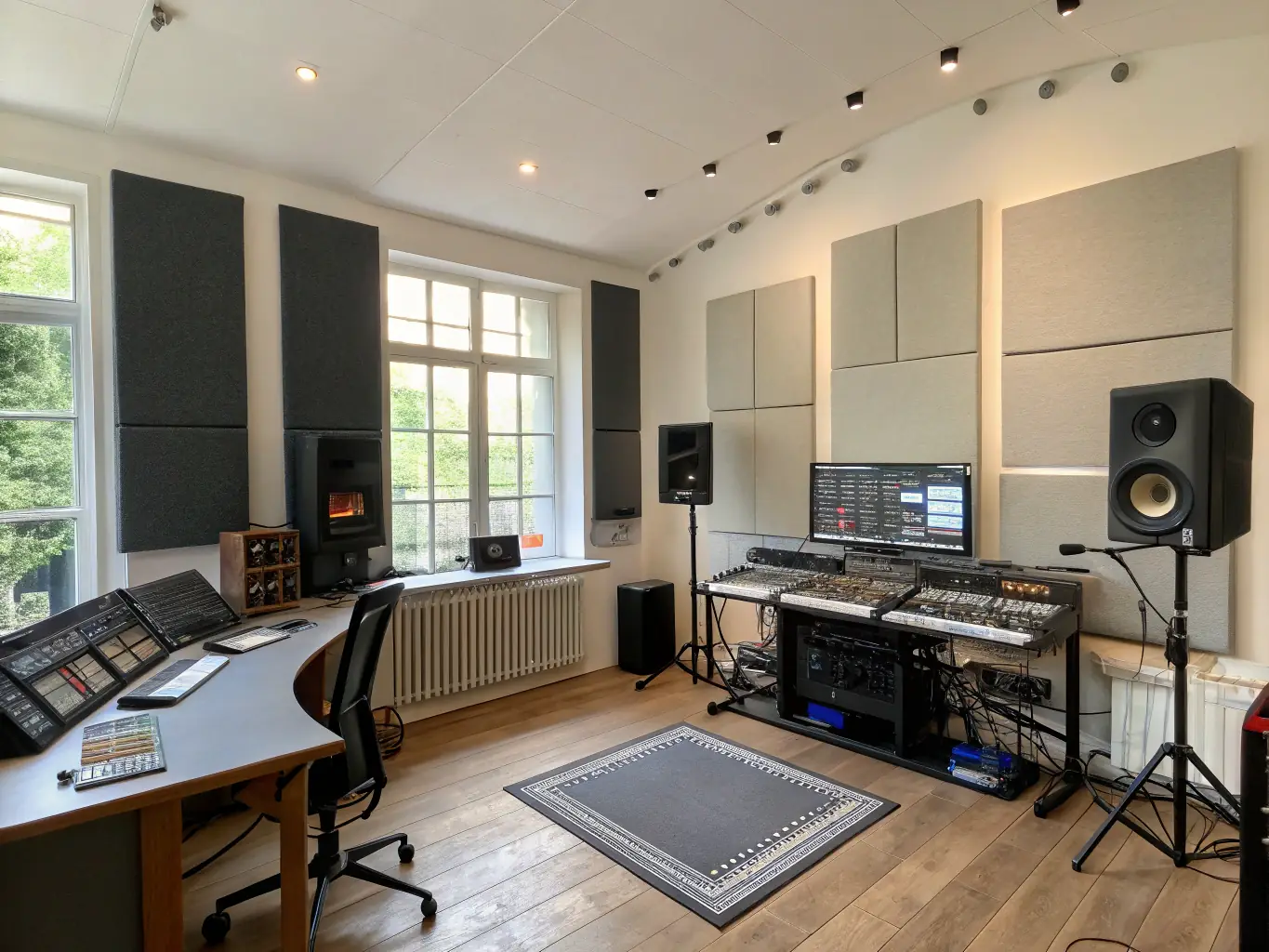 Acoustically treated rehearsal room with professional backline equipment, including drums, amplifiers, and microphones, ready for a band to start playing.