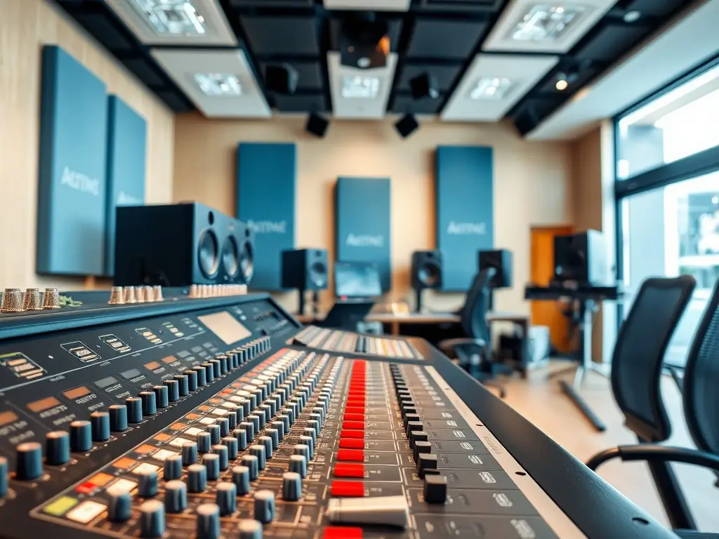 A mixing console with various knobs and faders, symbolizing the mixing and mastering process, with a focus on precision and detail.